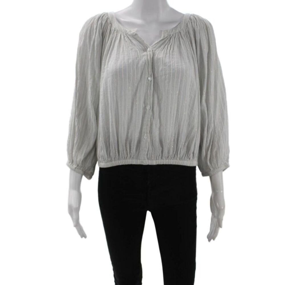 Mes DeMoiselles Paris Women Striped White Button-Up Blouse 3/4 Sleeve Size 2